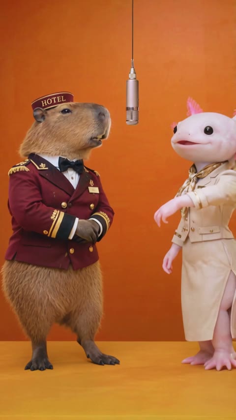 Capybara and axolotl in a Hotel Lobby AI video example