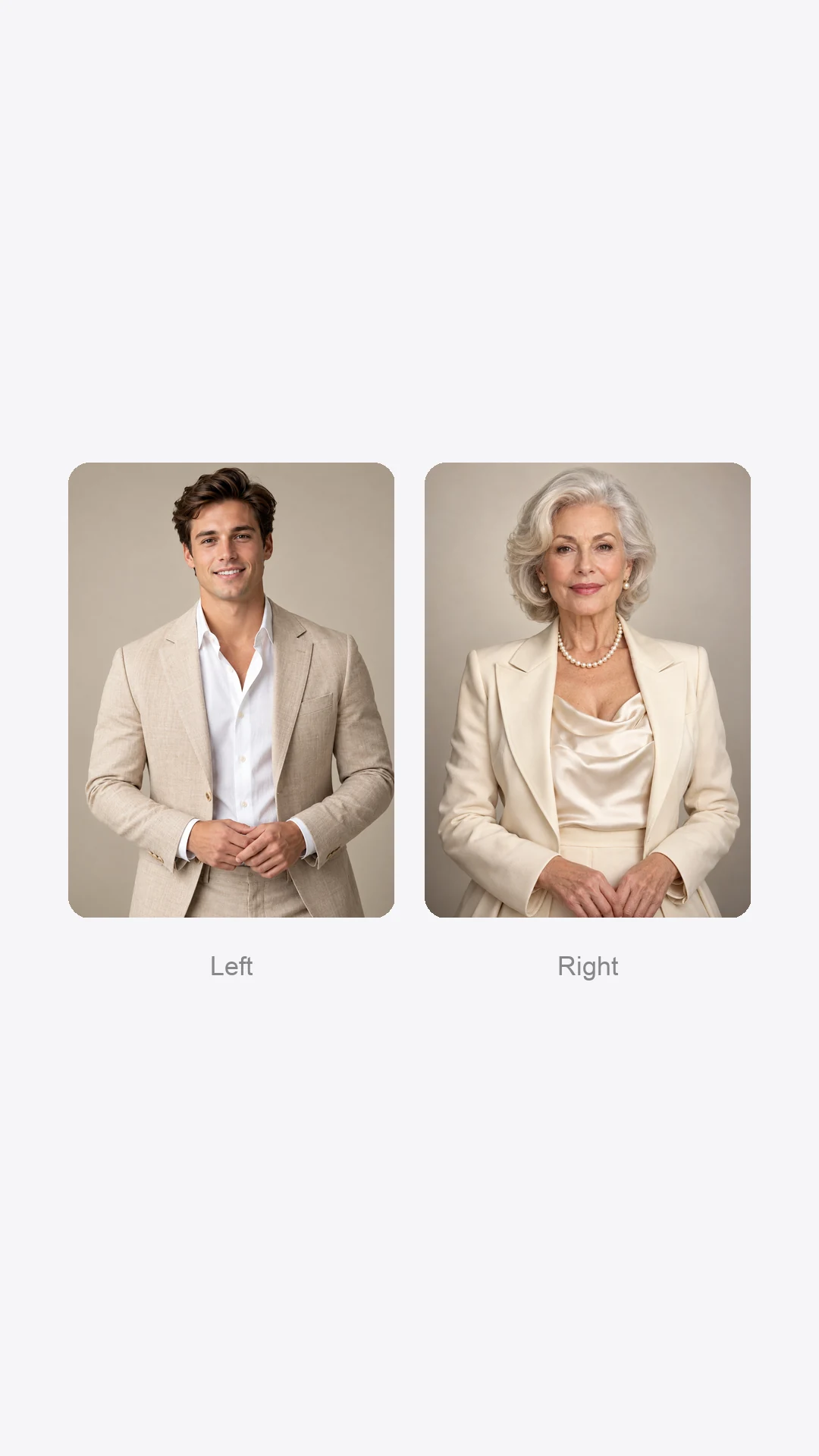Two separate reference portraits labeled Left and Right for a Hotel Lobby AI casting prompt