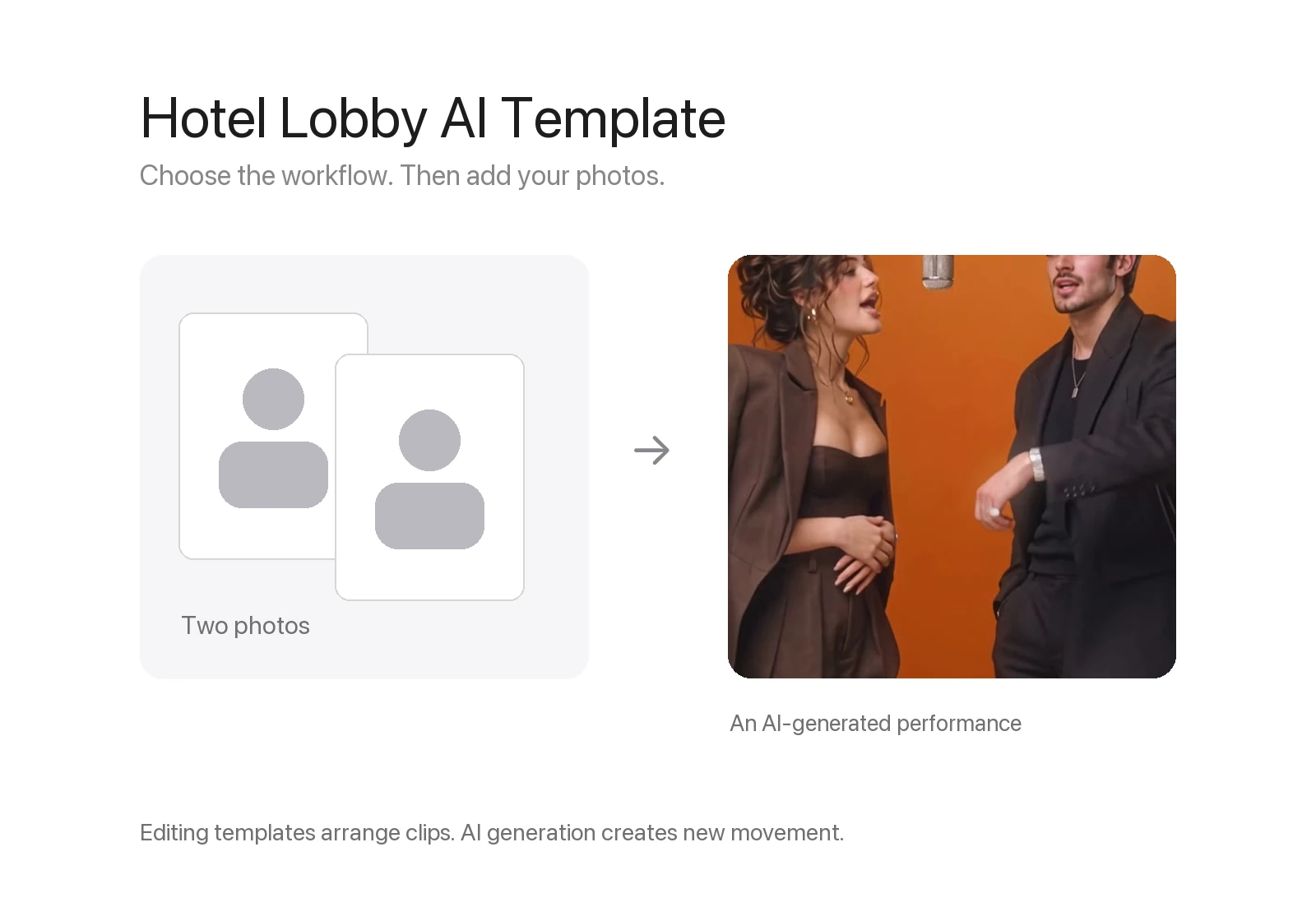 Two photo reference illustrations beside a Hotel Lobby AI Generator video example