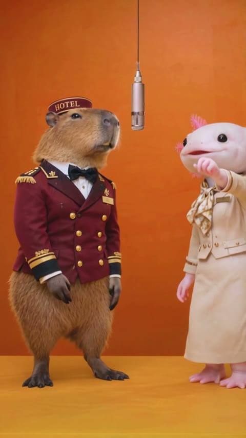 Capybara and axolotl in a Hotel Lobby AI video example