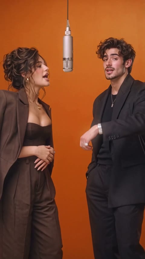 Two performers in the orange Hotel Lobby recording booth