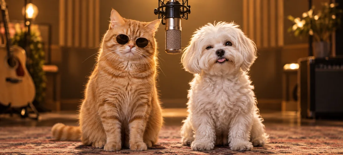 A cat and dog beside a hanging microphone, illustrating a pet duo idea