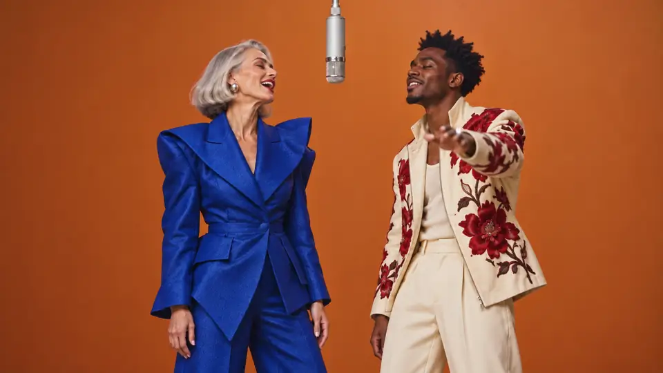 Silver-haired woman in a blue suit singing beside a man in a floral jacket gesturing toward the camera beneath a hanging microphone