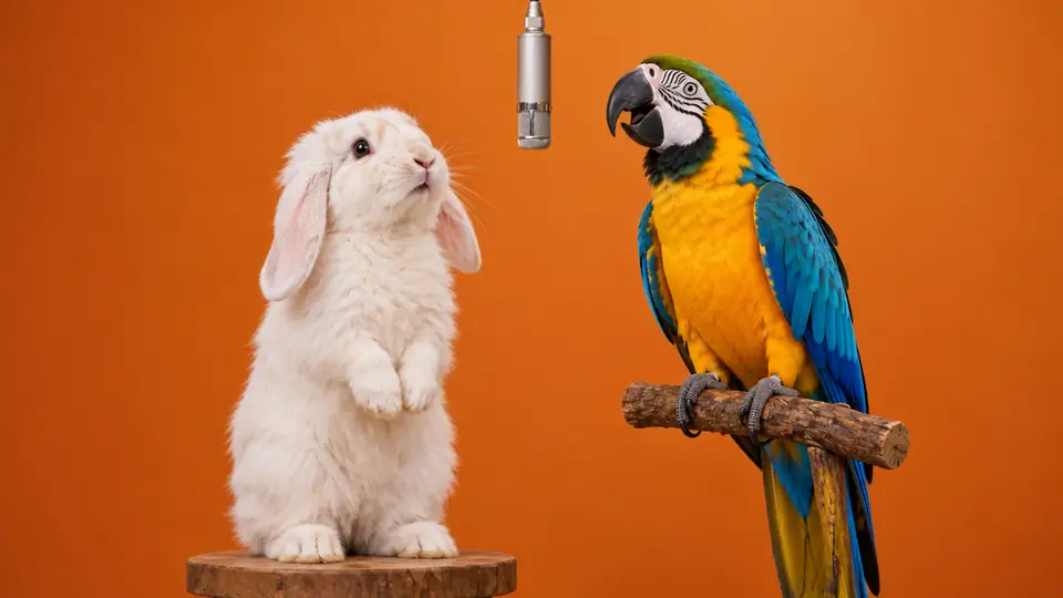 White lop-eared rabbit and blue-and-gold macaw beneath a hanging microphone in an orange studio